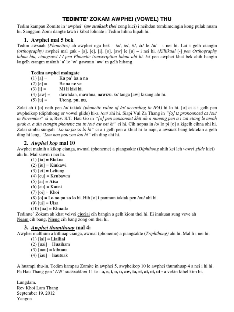 Tedim Vowel System Overview | PDF