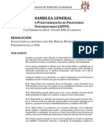 RESOLUCIÓN ASAMBLEA GENERAL APPU Solicita renuncia del Dr. Miguel Muñoz como Presidente UPR