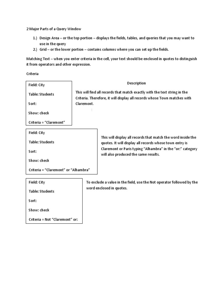Parts of a Query Design Window | PDF