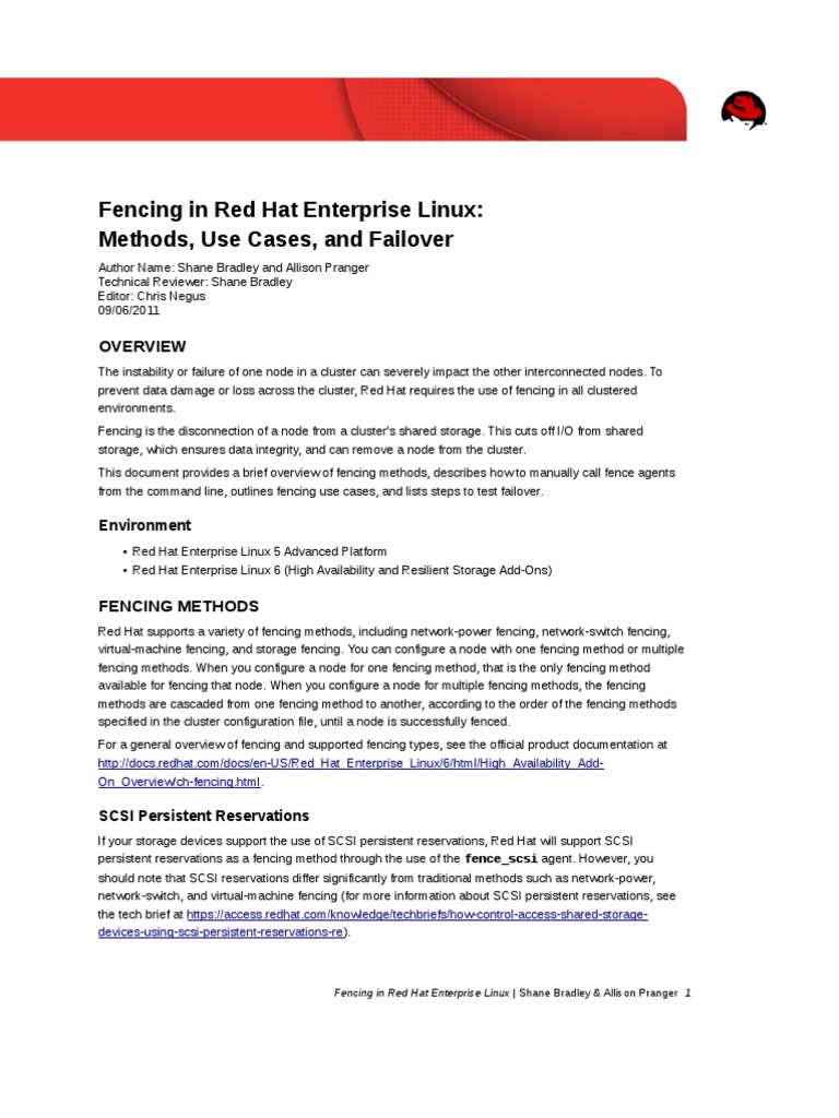 Fencing Overview Redhat Linux Fencing PDF Computer Cluster Red Hat