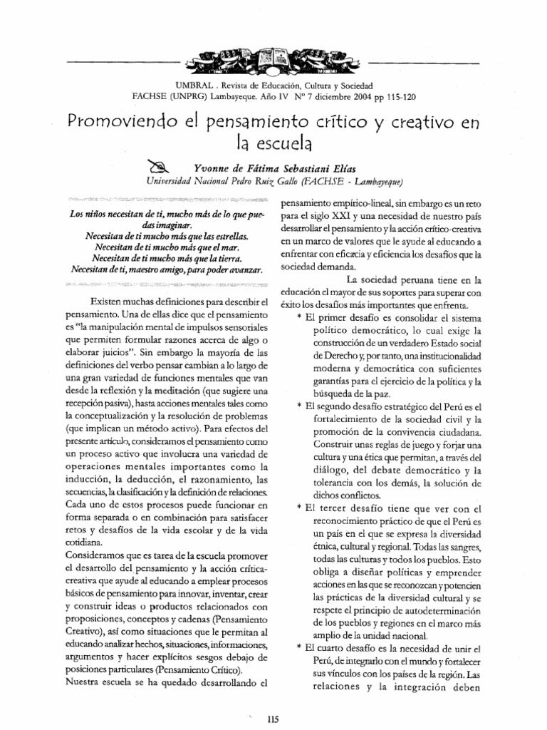 El Pensamiento Critico en La Escuela | PDF | Estudios de idiomas ...