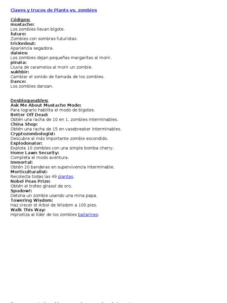 Claves y Trucos de Plants Vs Zombies! PDF Videojuegos Juego de azar