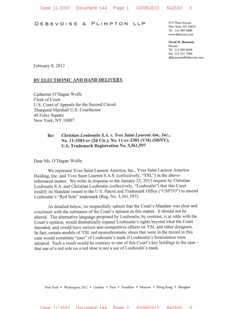 Louboutin V Ysl 11 3303 2d Cir Ysl S 2 8 13 Letter To Court In Response To 1 25 13 Louboutin Letter And 2 1 13 Court Order Shoe United States Patent And Trademark Office