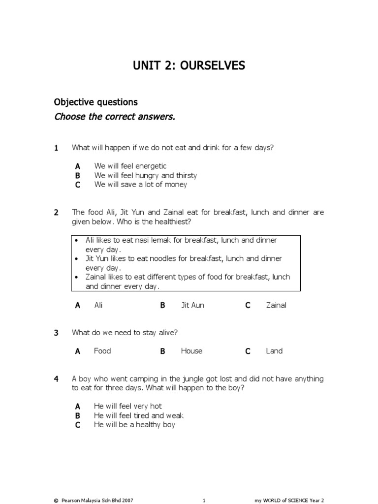 Unit 2: Ourselves: Objective Questions Choose The Correct Answers | PDF