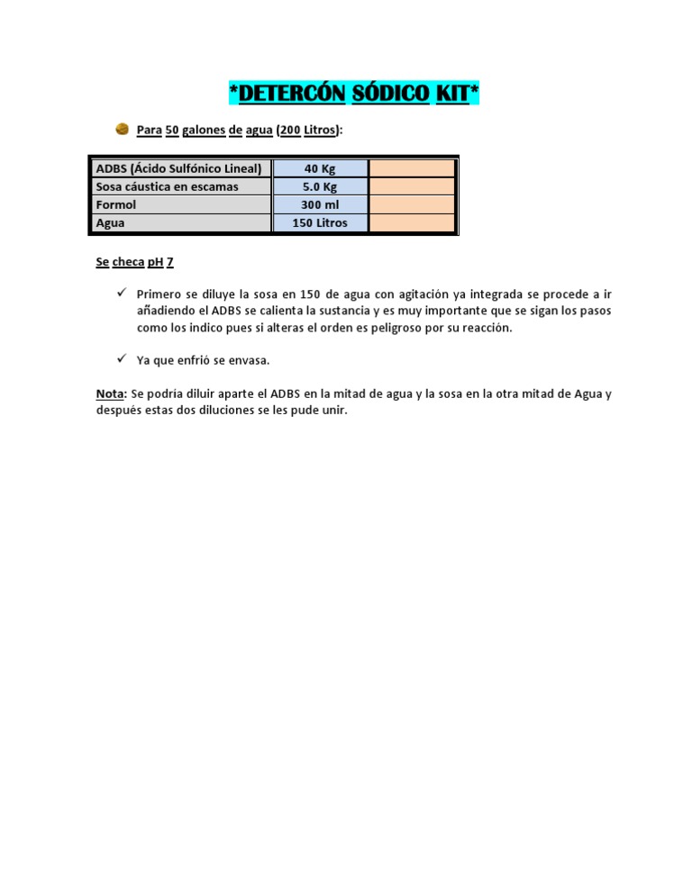 Fórmula de Detercon Sódico para Desengrasante | PDF