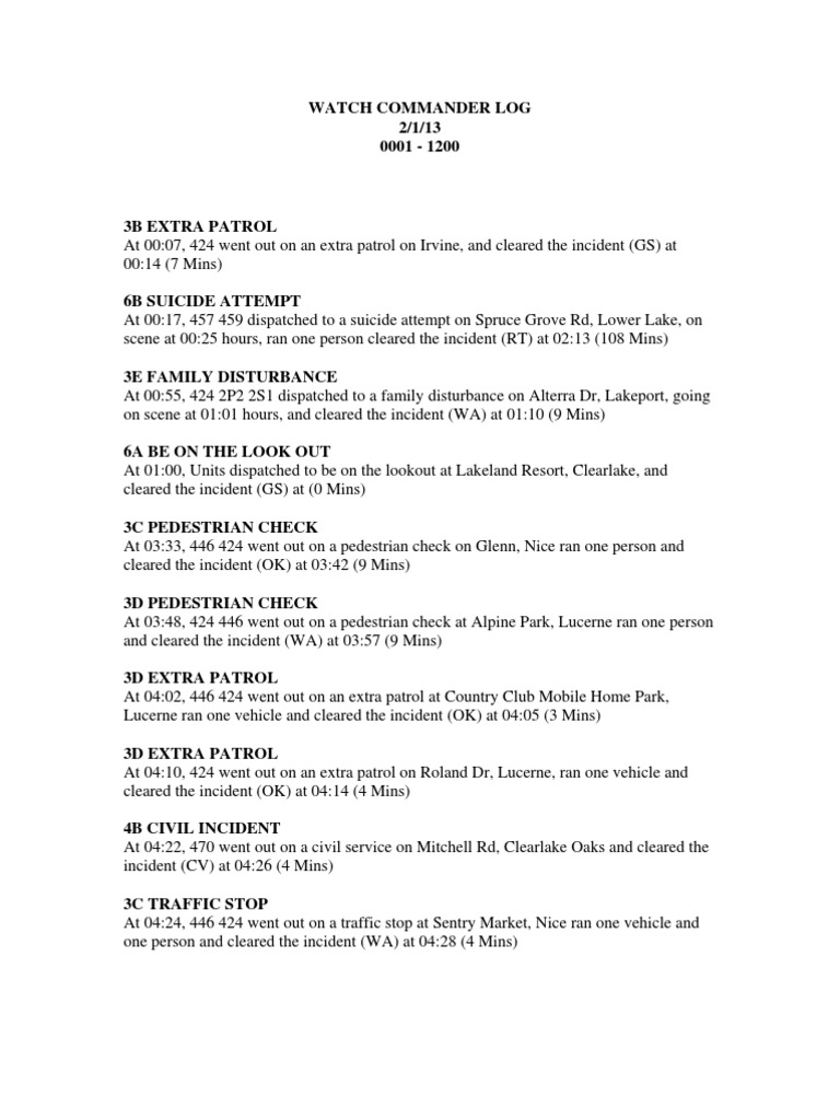 Watch Commander Log Summary 2/1/13 | PDF | Traffic | Land Transport