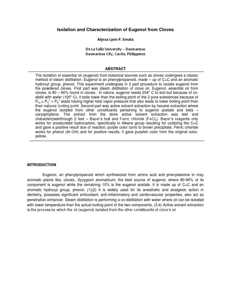 Isolation and Characterization of Eugenol From Cloves PDF