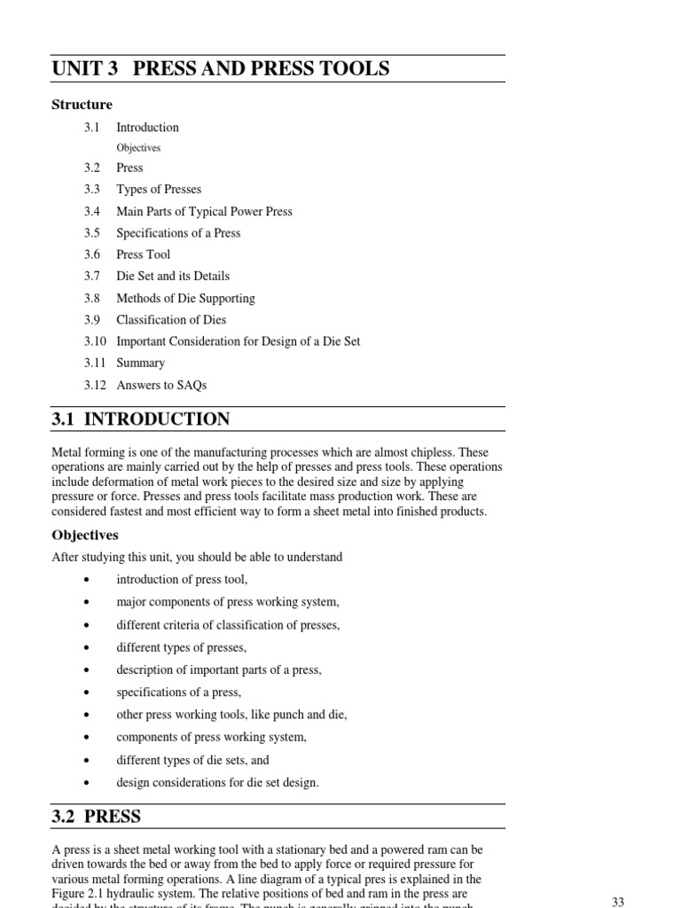 Unit 3 Press and Press Tools: Structure | PDF
