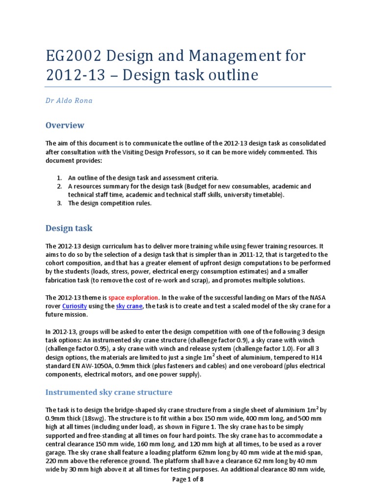 2012-13 Sky Crane Design Task Outline | PDF | Electric Motor | Crane ...