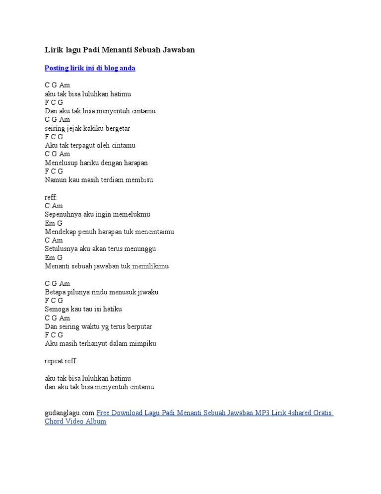 Lirik Lagu Padi Menanti Sebuah Jawaban Pdf