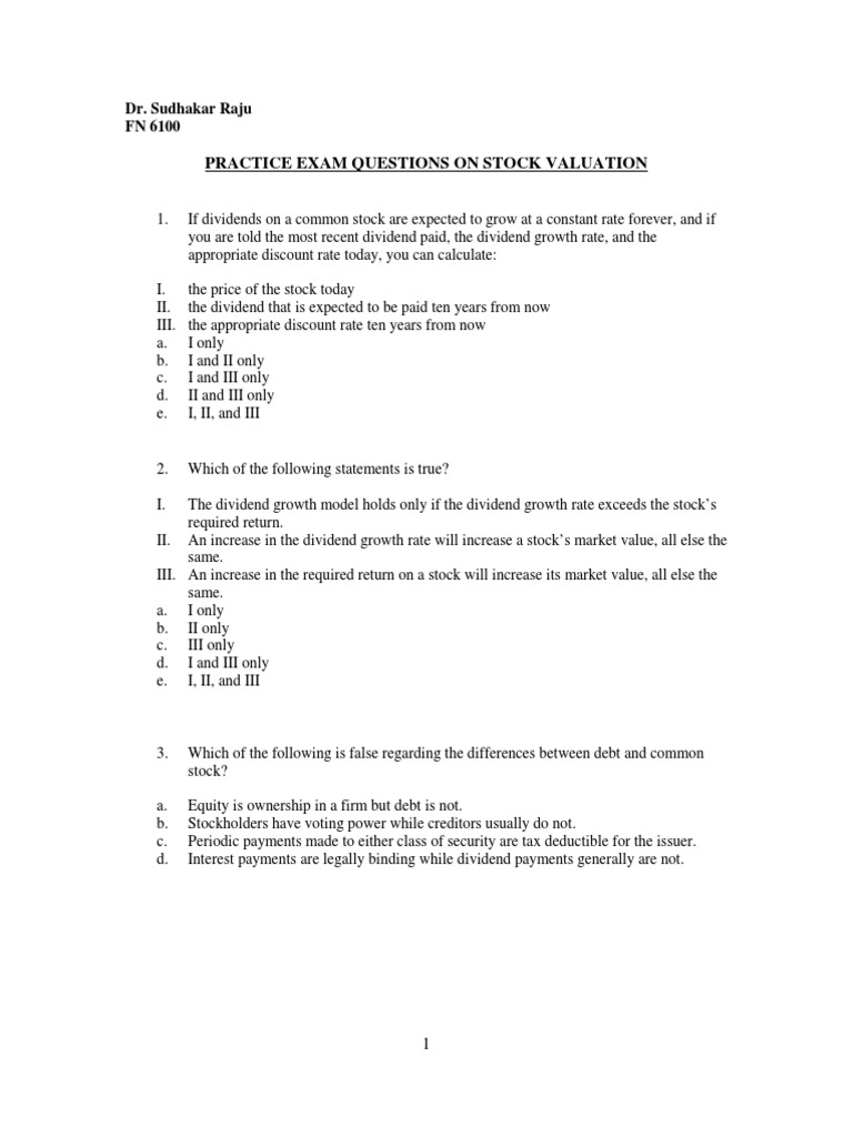 Stock Valuation Practice Exam Questions | PDF | Dividend | Stocks