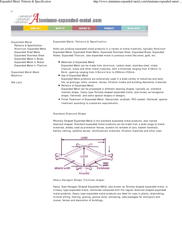 Expanded Metal - Patterns & Specification | PDF | Metals | Stainless Steel