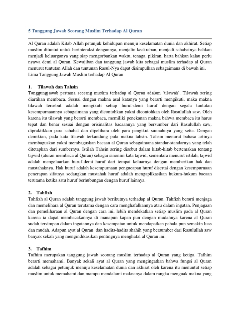 5 Tanggung Jawab Seorang Muslim Terhadap Al Quran