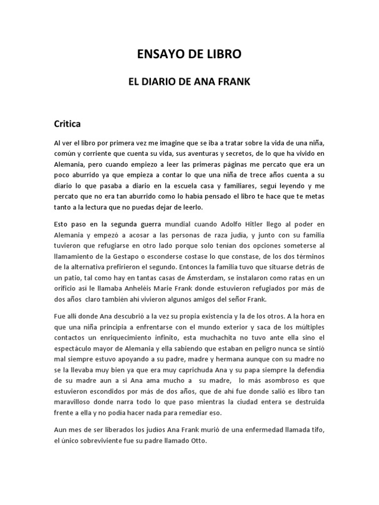 Ensayo de Libro Ana Frank Anne Frank Agitación