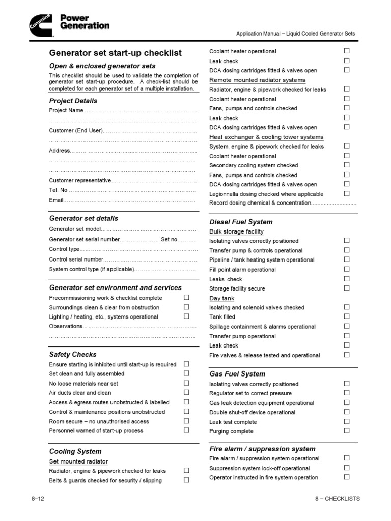 Generator Set Startup Checklist Leak Hvac