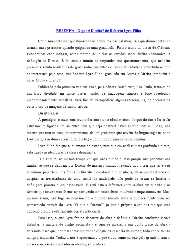 Resumo Do Livro O Que é Direito Roberto Lyra