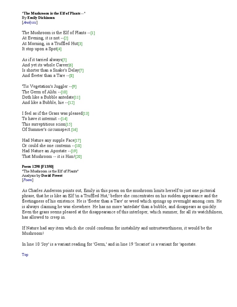 Emily Dickinson's Mushroom Poem Analysis | PDF | Poetry | General Fiction