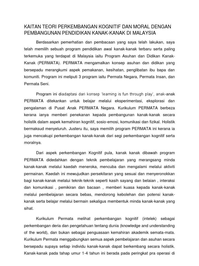 Kaitan Teori Perkembangan Kognitif Dan Moral Dengan Pembangunan Pendidikan Kanak Kanak Di Malaysia Pdf