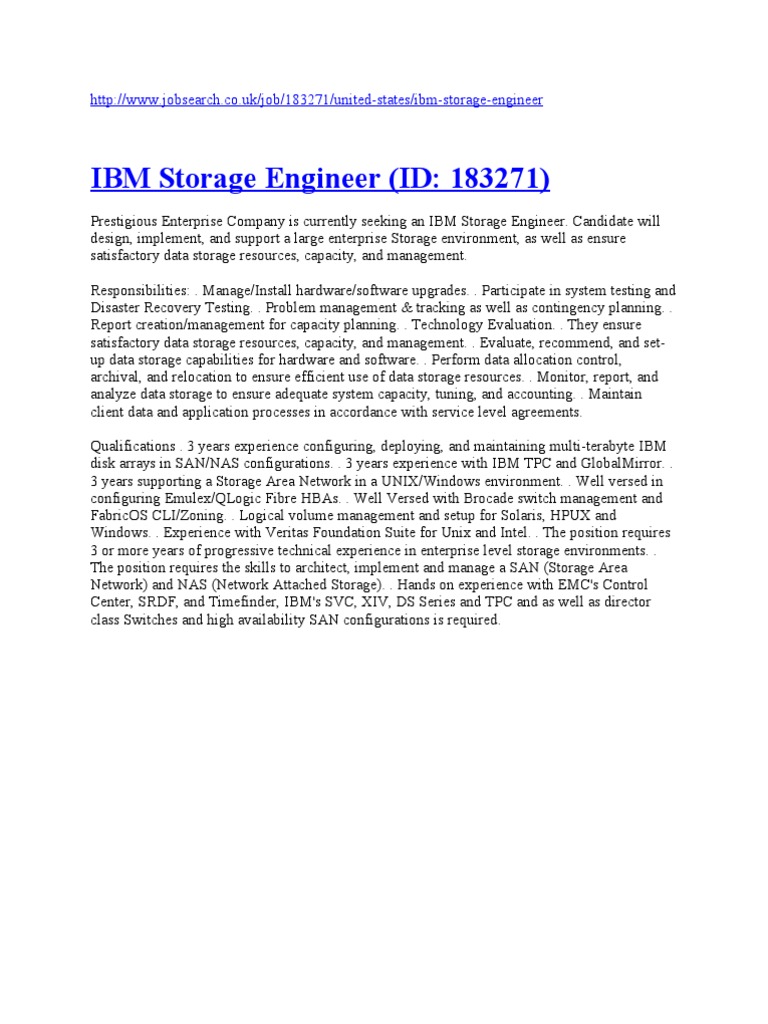 RESUME IBM SAN STORAGE ENGINEER Itil Operating System