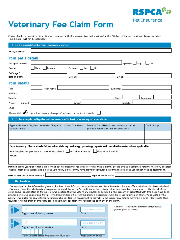 RSPCA Vet Fee Claim Form Secured PDF Veterinary Physician