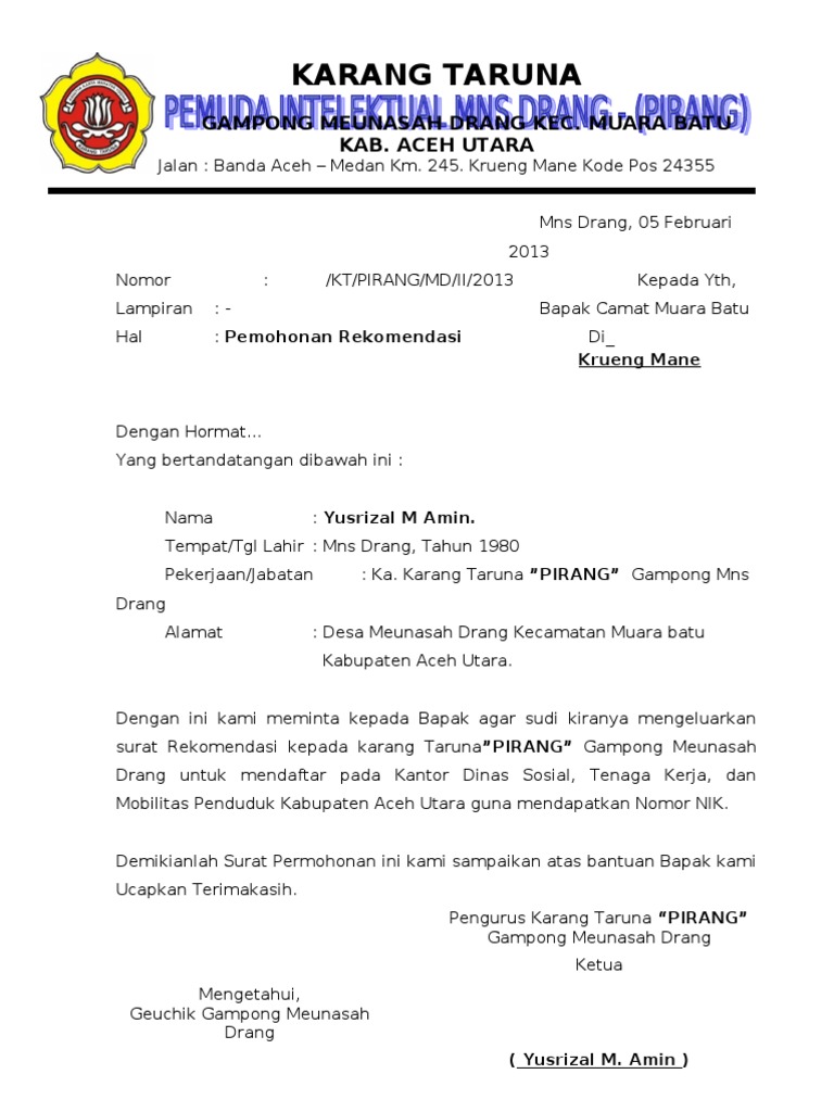 Surat permohonan Rekomendasi camat