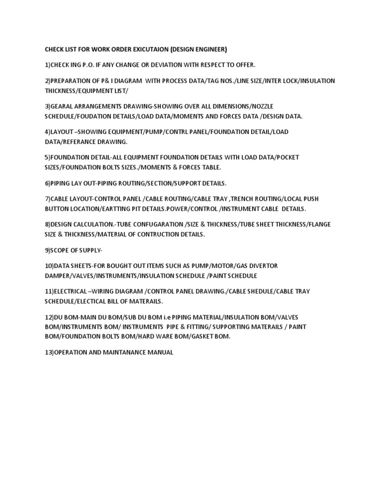Work Order Execution Checklist for Engineers | PDF