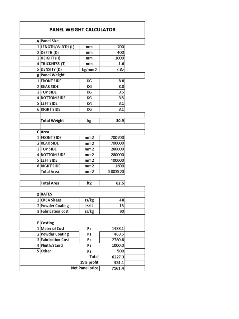 Panel Weight Calculator PDF Nature