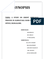 Synopsis: Topic: A Study On Credit Appraisal Process in Karnataka Bank LTD, Head Office, Mangalore