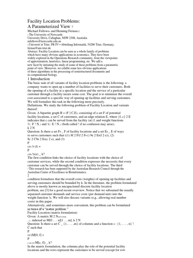 Facility Location Problems: A Parameterized View | PDF | Xml | Time ...