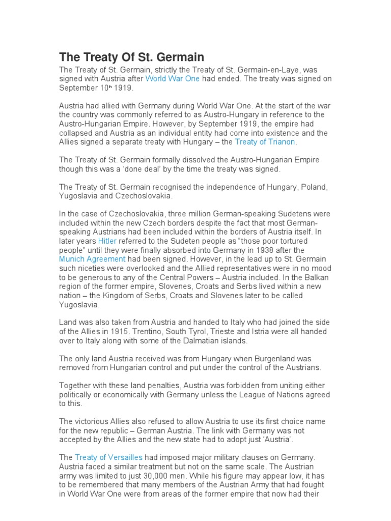 The Treaty of ST Germain PDF Austria Hungary Allies Of World War I