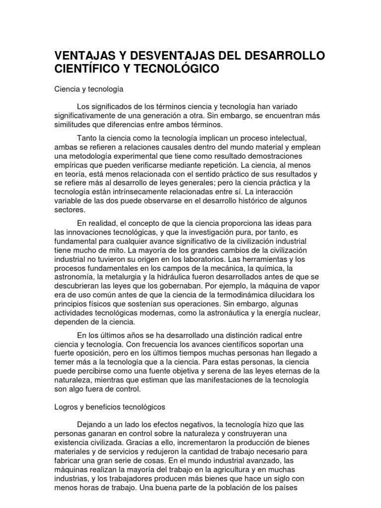 VENTAJAS Y DESVENTAJAS DEL DESARROLLO CIENTÍFICO Y TECNOLÓGICO