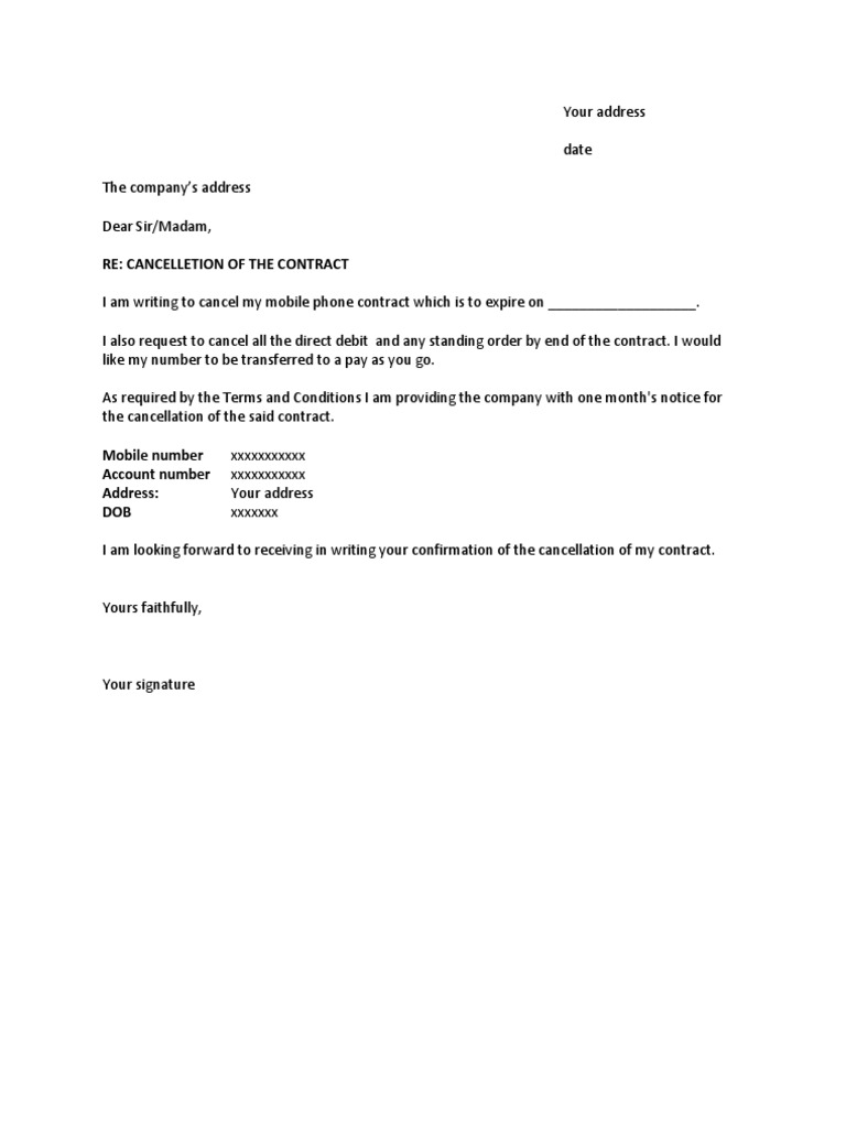 direct form pdf debit Cancellation Letter Phone Mobile