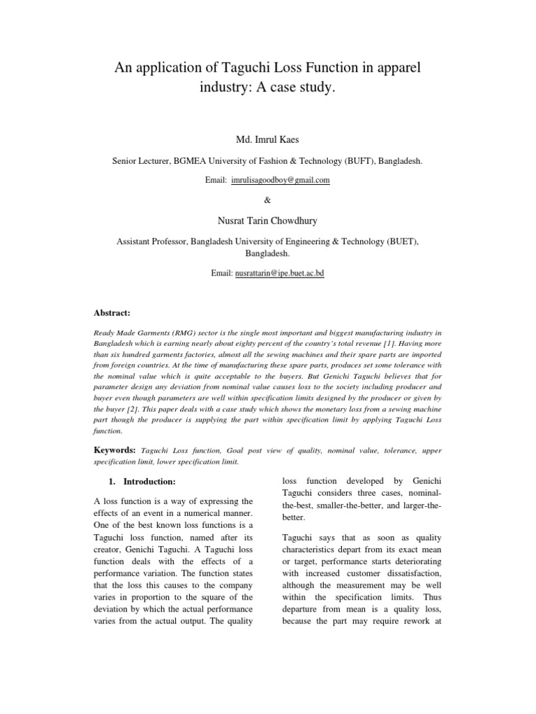 An Application of Taguchi Loss Function in Apparel Industry PDF | PDF ...