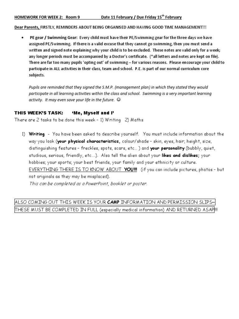 Week 2 Homework: All About Me Tasks | PDF | Physical Education | Cognition