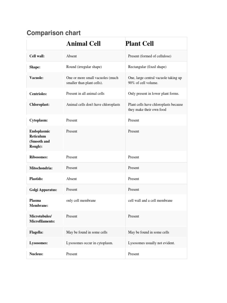 Plant vs Animal Cell Comparison Chart | PDF