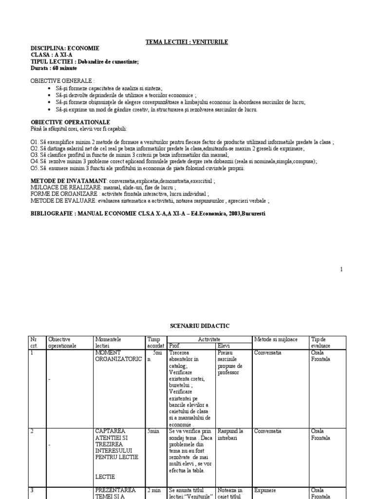 Plan De Lectie Economie