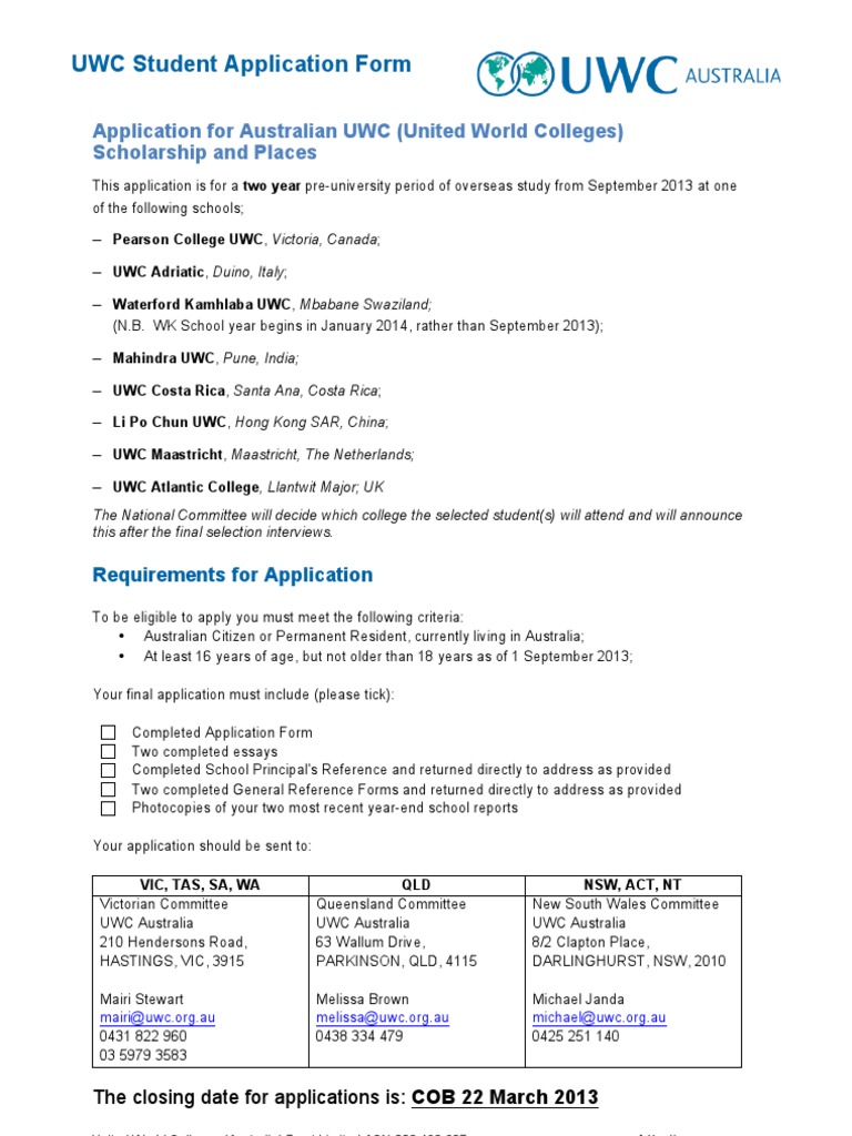 Application Form 2013 UWC Australia Schools Business