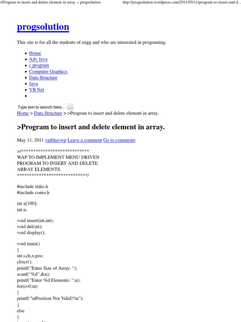 Program To Insert and Delete Element in Array. Progsolution | PDF ...