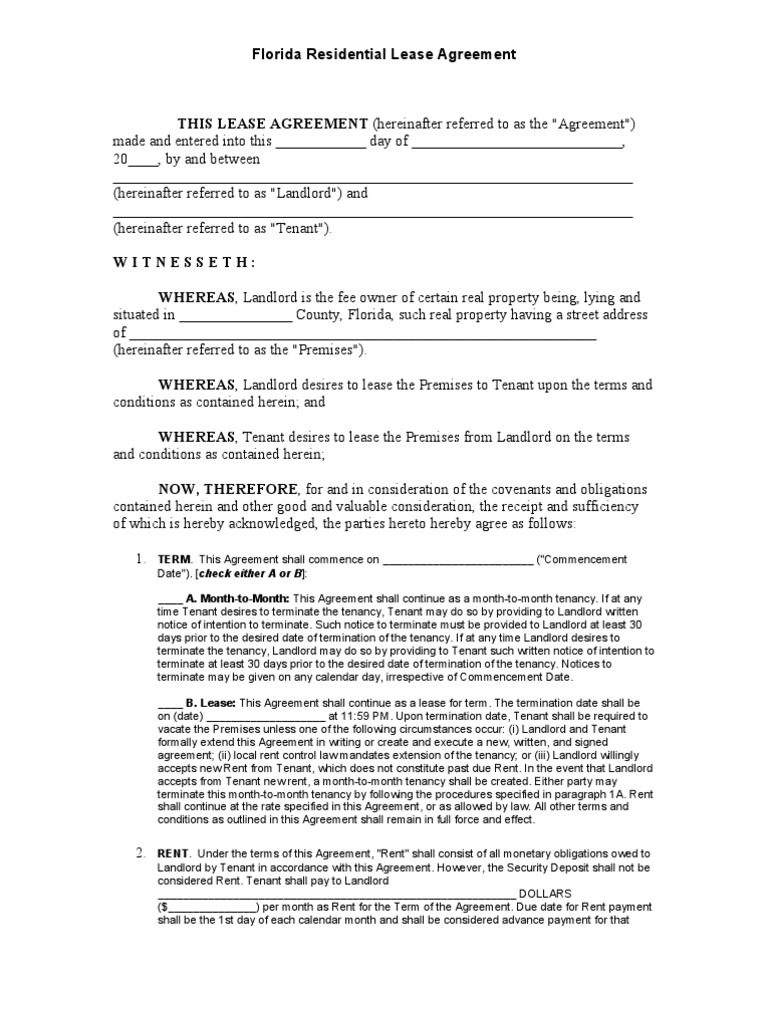florida residential lease agreement leasehold estate landlord