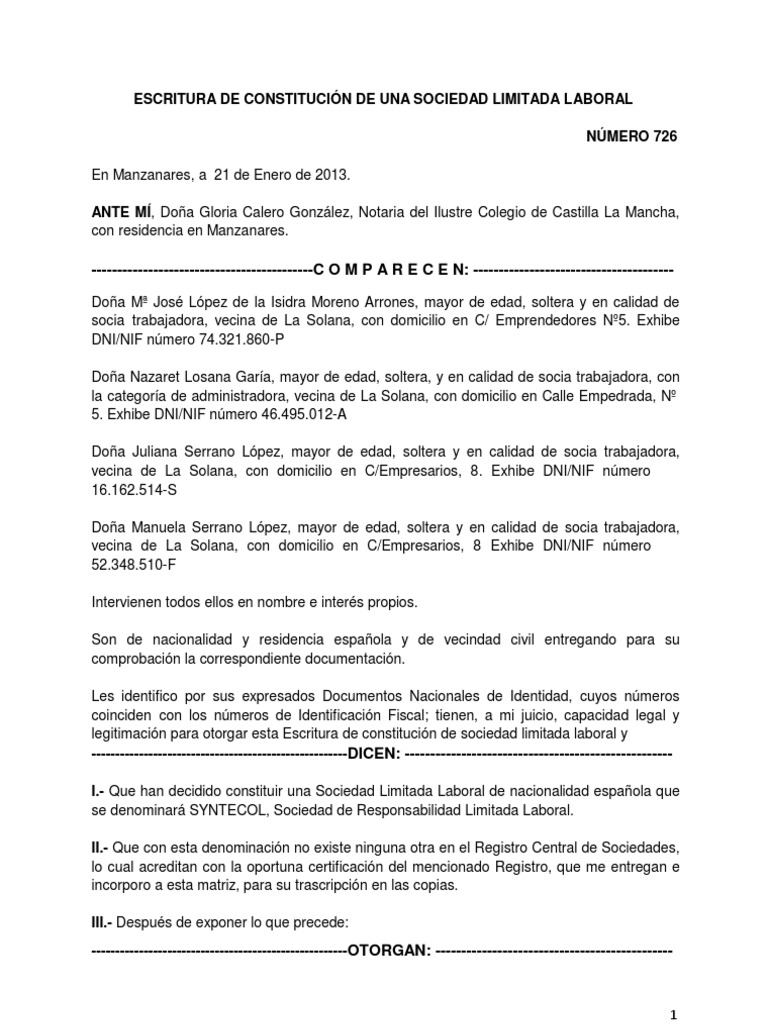 Constitución de SYNTECOL SL Laboral | PDF | Liquidación | Instituciones  sociales