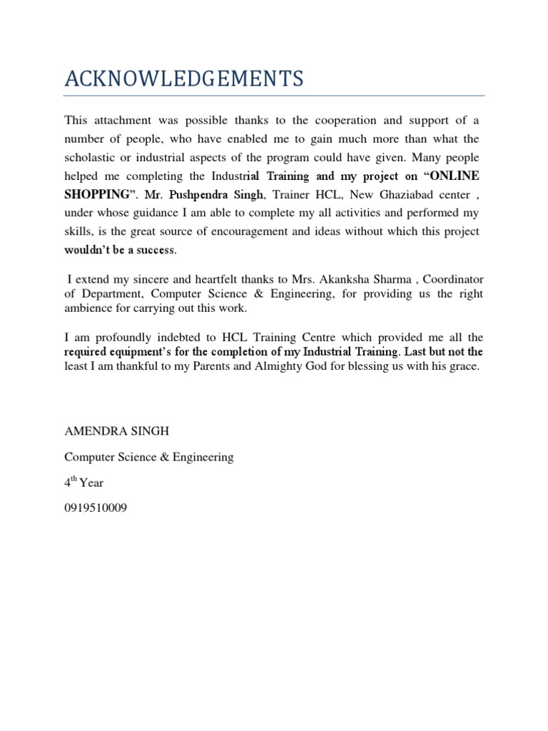 Acknowledgements for Online Shopping Project | PDF