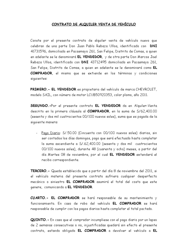 Contrato de Alquiler Venta Vehiculo