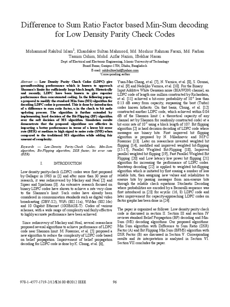 Difference To Sum Ratio Factor Based Min-Sum Decoding For Low Density ...