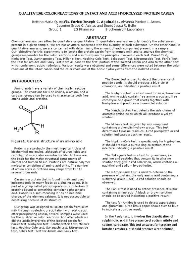 QUALITATIVE COLOR REACTIONS OF INTACT AND ACID HYDROLYZED PROTEIN