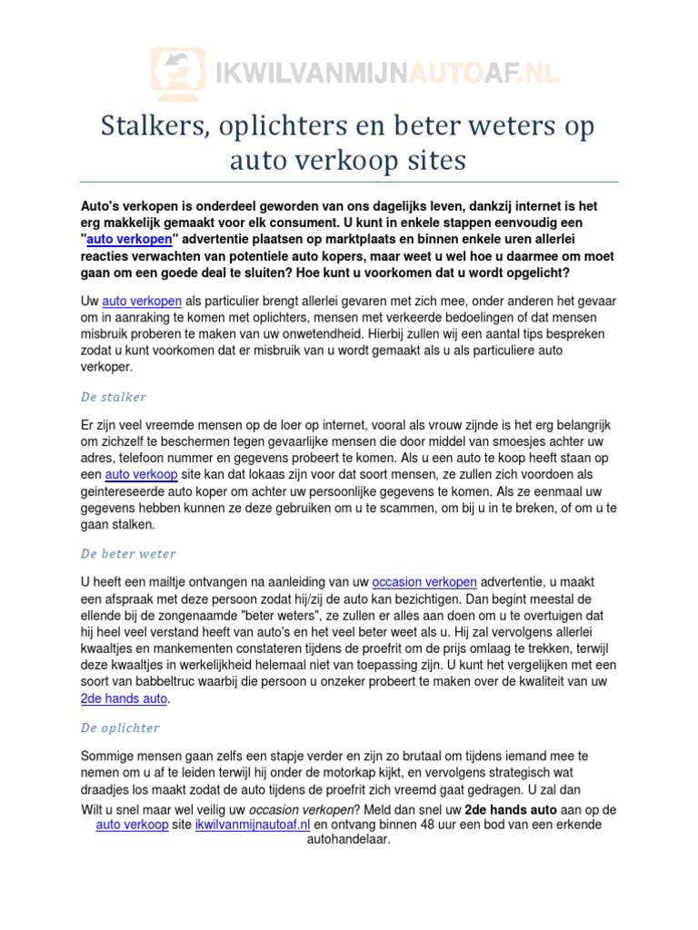 suiker Archeoloog Gezichtsvermogen Stalkers, Oplichters en Beter Weters Op Auto Verkoop Sites | PDF
