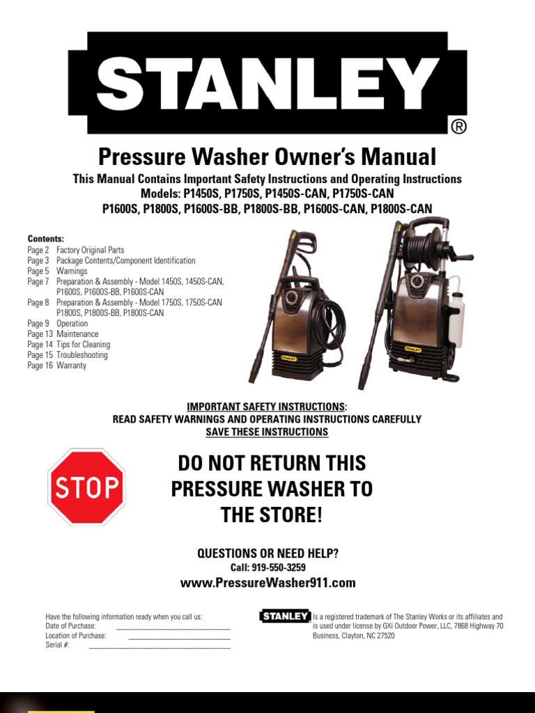 Stanley Pressure Washer Owner's Manual PDF Washing Machine