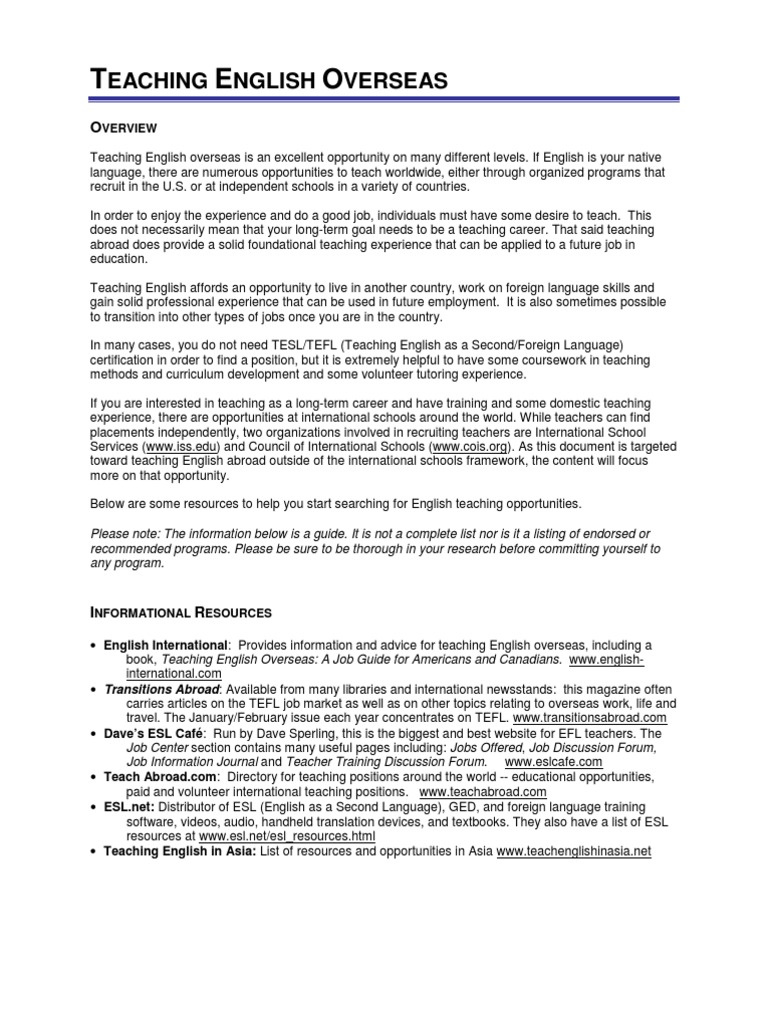 Teaching English Abroad Opportunities | PDF | Teaching English As A ...
