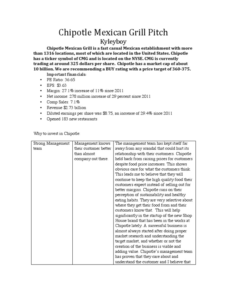 Chipotle Mexican Grill Pitch | PDF | Chipotle Mexican Grill |  Price–Earnings Ratio