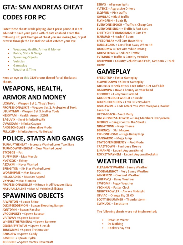 Gta San Andreas Cheat Codes Pc Pdf Weaponry Leisure