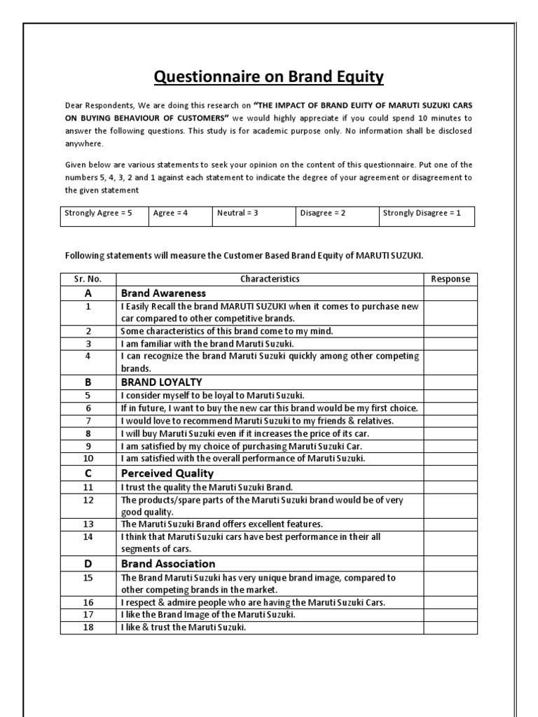 Maruti Suzuki Brand Equity Questionnaire | PDF | Brand | Questionnaire